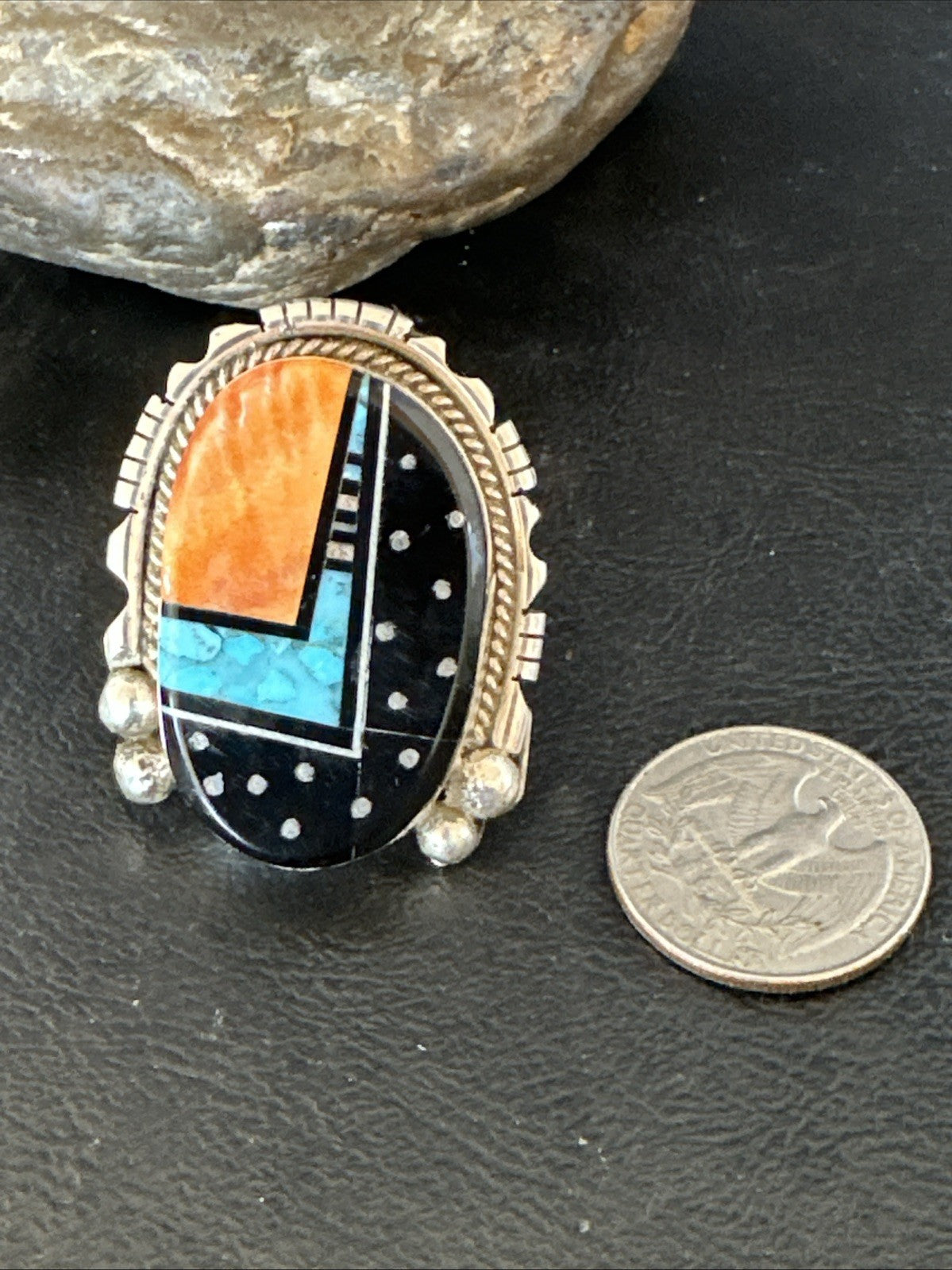 Onyx Turquoise Spiny Navajo Cosmic Inlay Sterling Silver Ring Size 9 19788