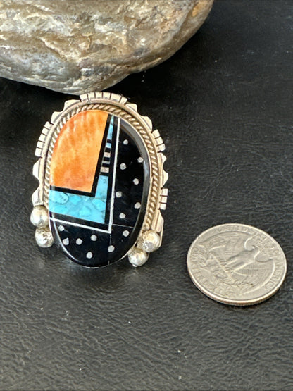 Onyx Turquoise Spiny Navajo Cosmic Inlay Sterling Silver Ring Size 9 19788
