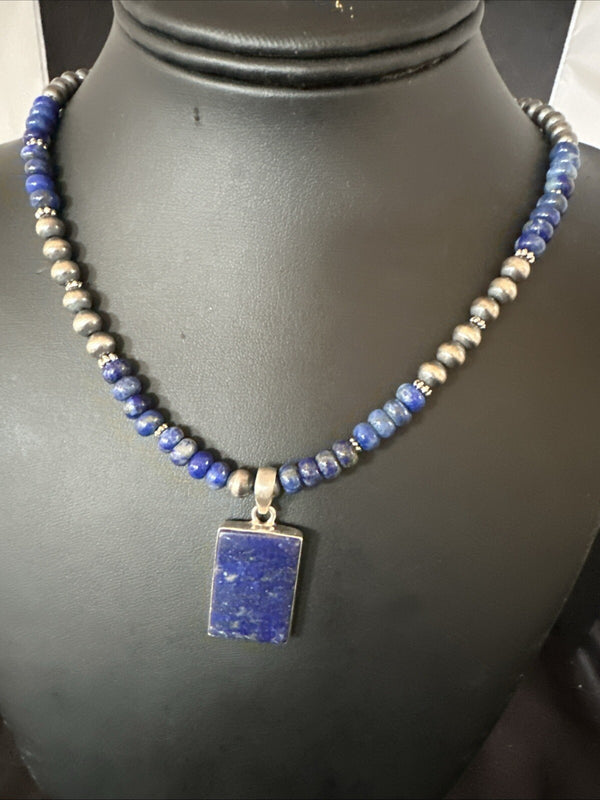 Blue Lapis Pendant Navajo Pearls Necklace 20" | Sterling Silver | Authentic Native American Handmade | 18688