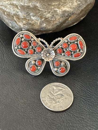 Red Coral Butterfly Sterling Silver Cluster Navajo Ring Size 8 00988
