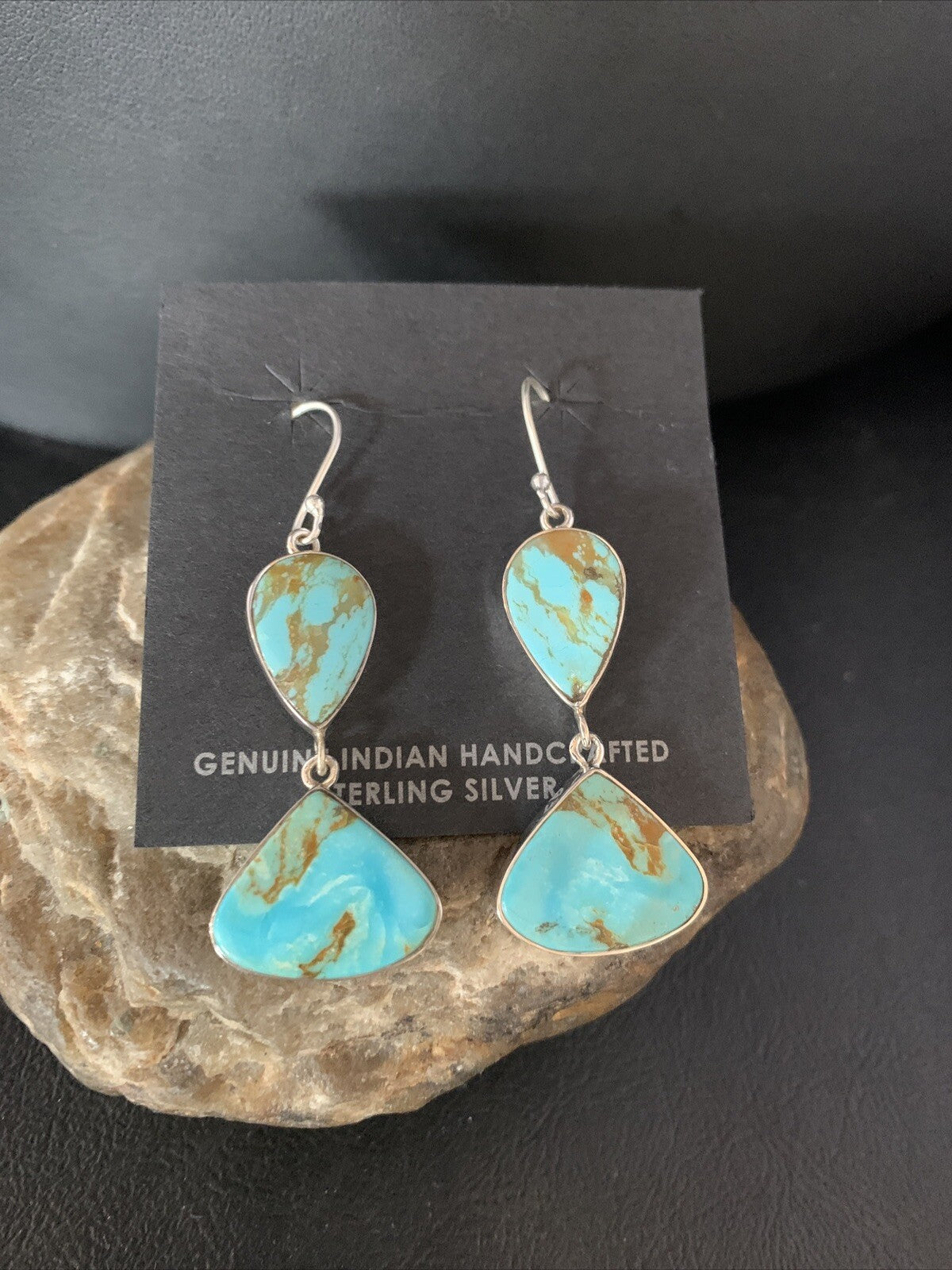 Blue Kingman Turquoise Navajo Sterling Silver Dangle Earrings 1.5" 14077