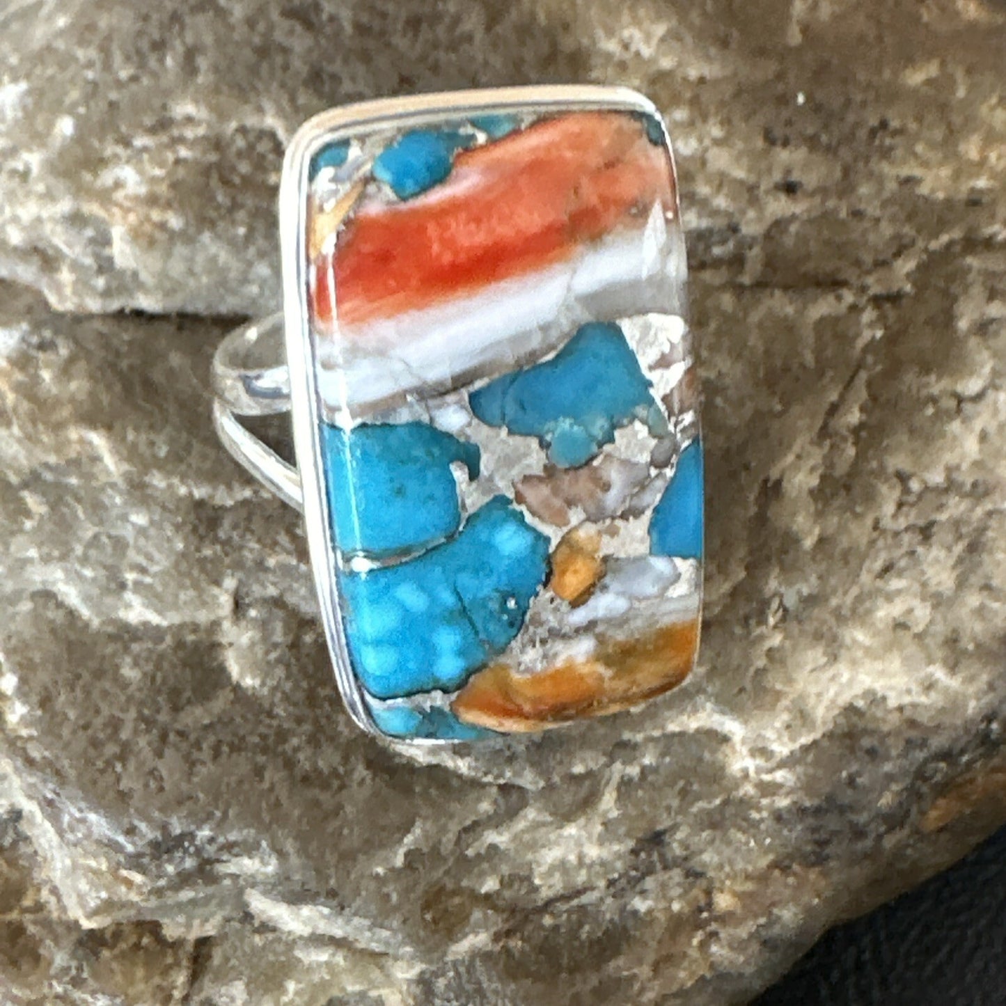 Blue Turquoise Orange Spiny Oyster Navajo Sterling Silver Ring Size 10 18246