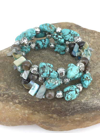 Blue Turquoise Navajo Stainless Steel Wire Bracelet 01318