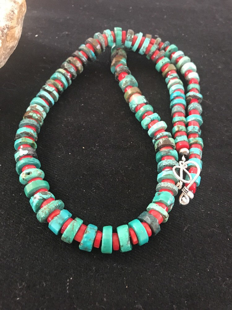 Navajo Mens  8mm Sterling Silver Heishi Blue Green Turquoise Coral Necklace A3
