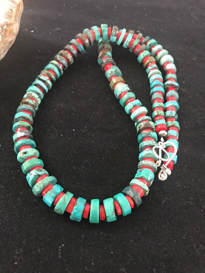 Navajo Mens  8mm Sterling Silver Heishi Blue Green Turquoise Coral Necklace A3