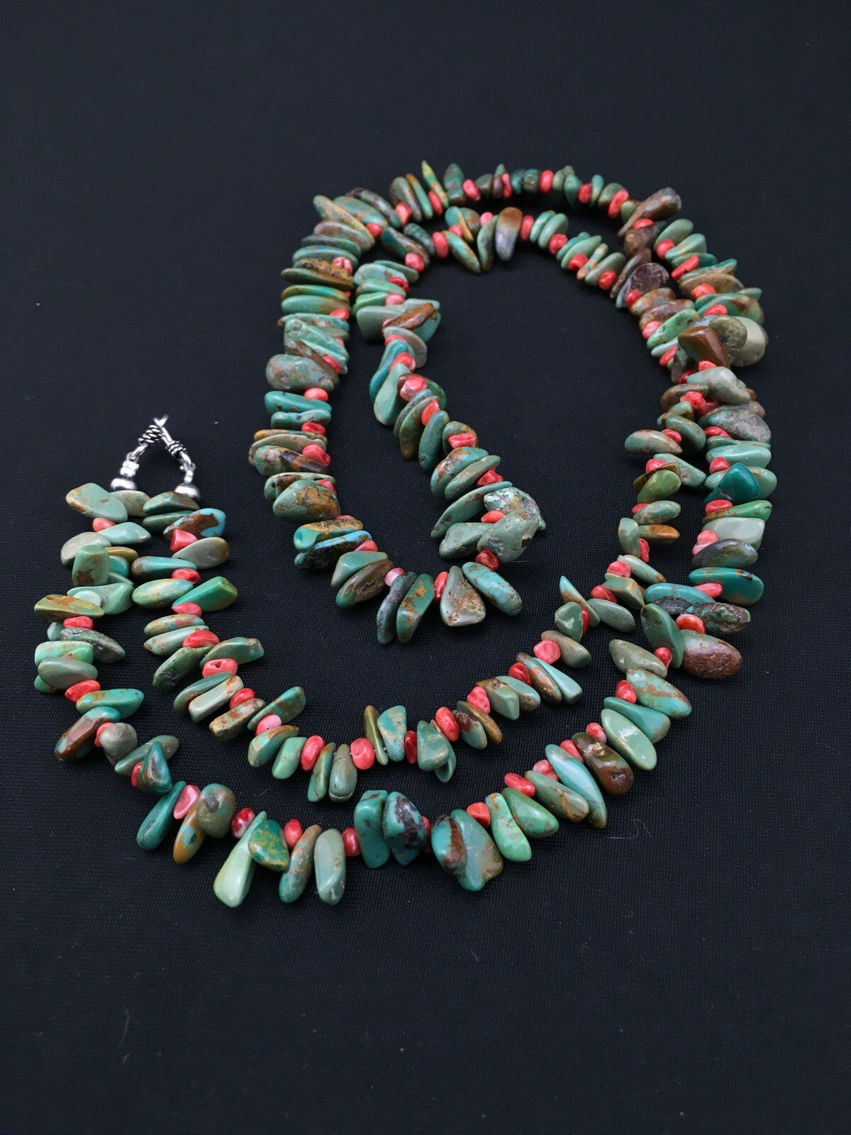 Green Turquoise & Spiny Oyster Navajo Sterling Silver Necklace 34" 04738