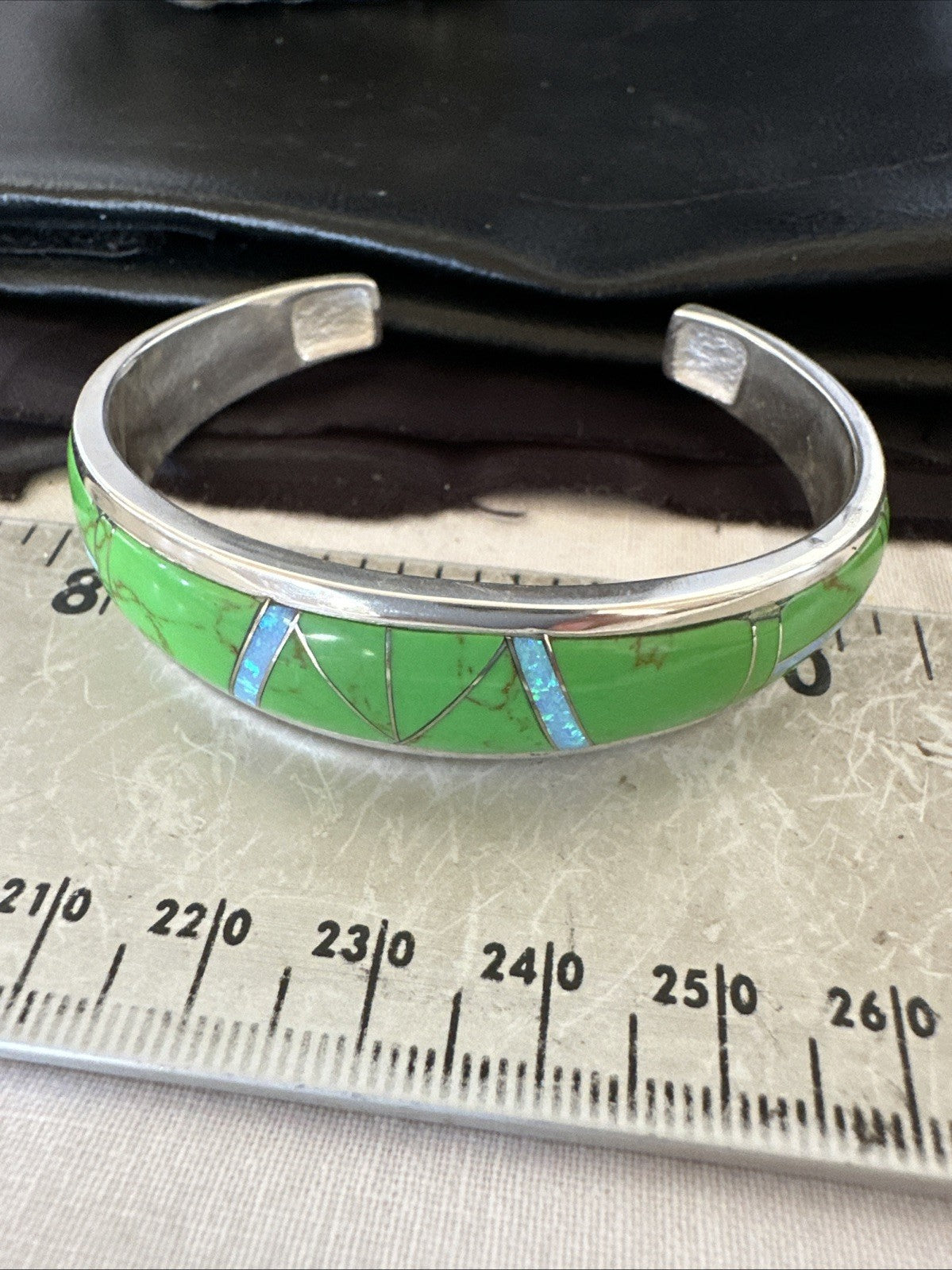 Womens Green Gaspeite Inlay Cuff Bracelet 7.05” Sterling Silver 19153