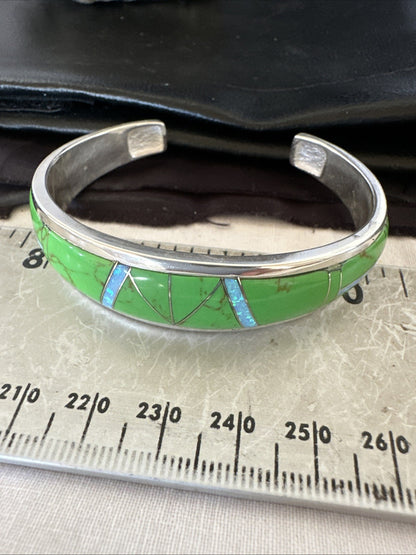 Womens Green Gaspeite Inlay Cuff Bracelet 7.05” Sterling Silver 19153