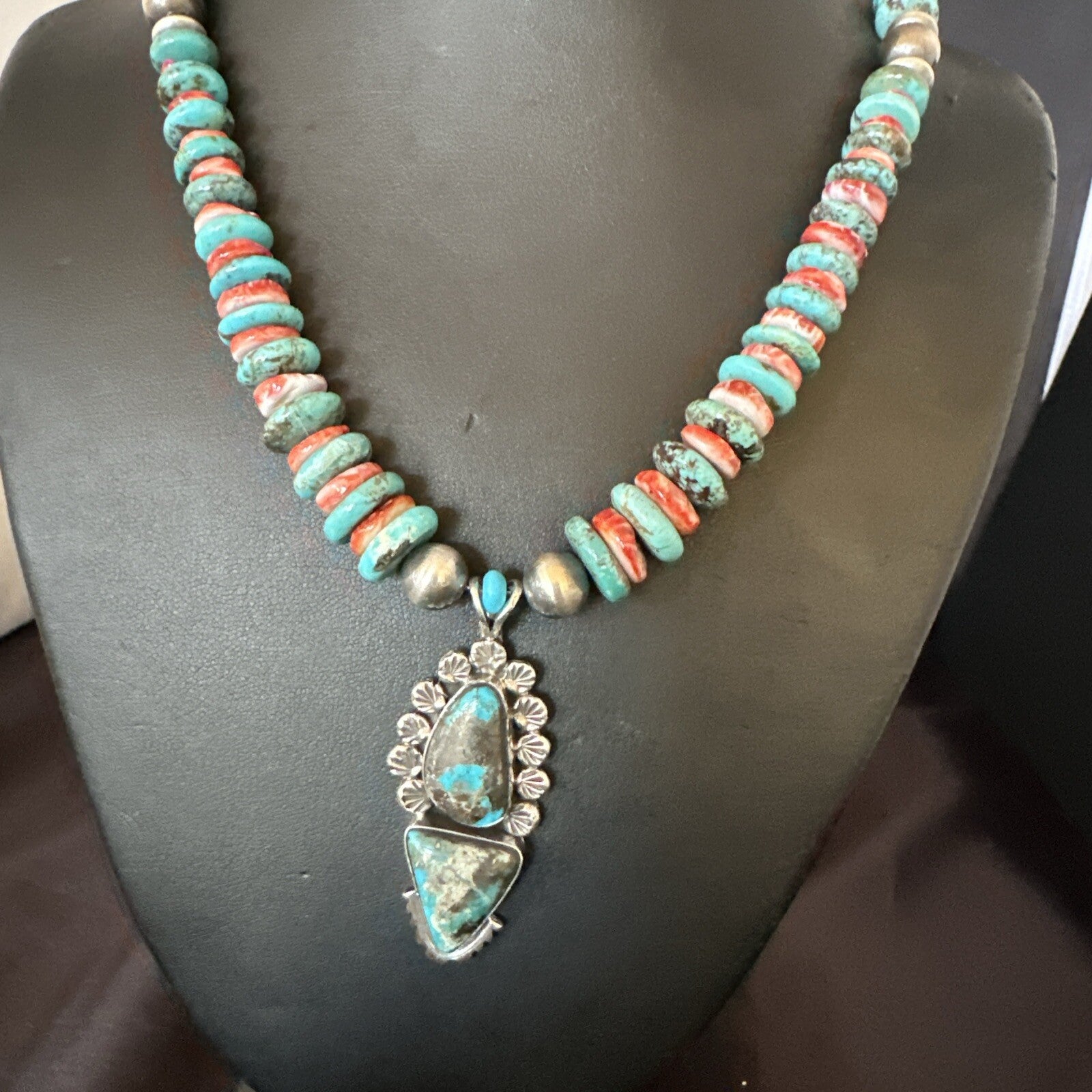 Blue Kingman Turquoise Spiny Navajo Sterling Silver Pendant Necklace 23” 17690