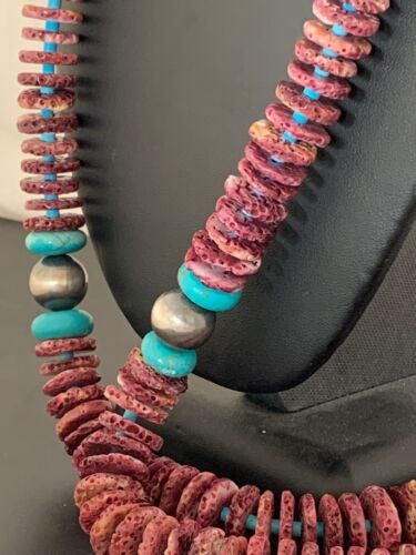 Navajo Necklace Purple Spiny Oyster & Turquoise Navajo Pearls 28" 3239