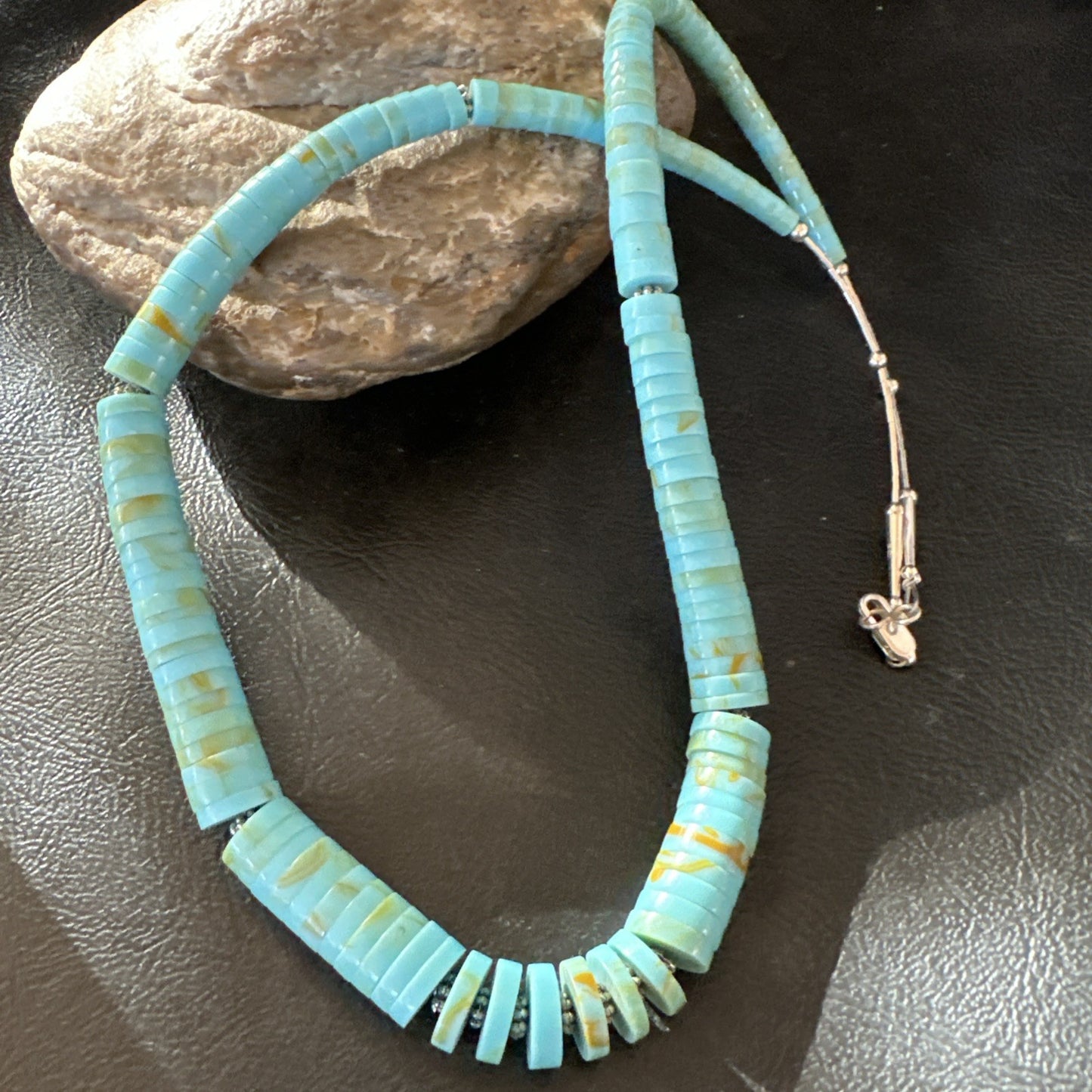 23” Turquoise Heishi Stabilized Graduated Blue Gr Sterling Silver Necklace 19726