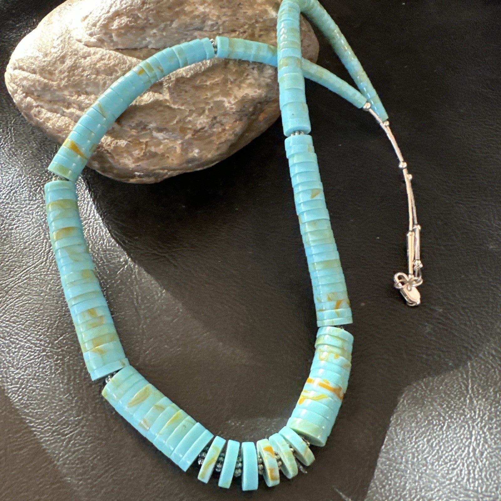 23” Turquoise Heishi Stabilized Graduated Blue Gr Sterling Silver Necklace 19726
