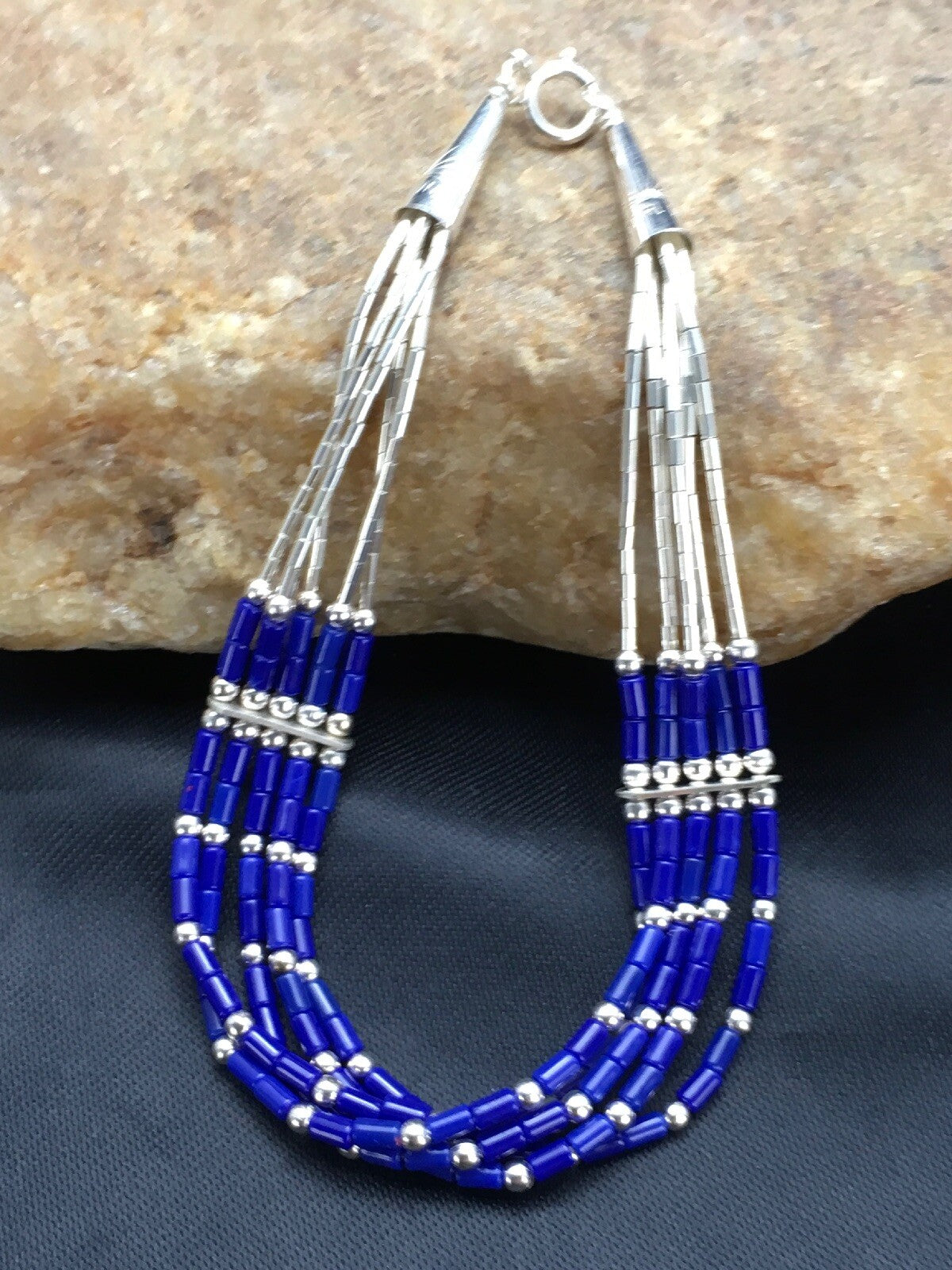 Blue Lapis Heishi 5 Strand Southwestern Liquid Sterling Silver Bracelet 7" 12638