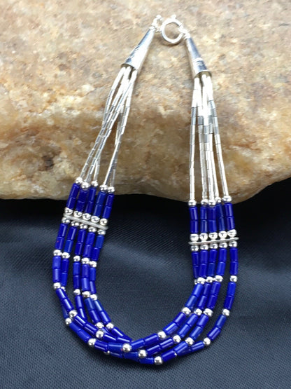 Blue Lapis Heishi 5 Strand Southwestern Liquid Sterling Silver Bracelet 7" 12638