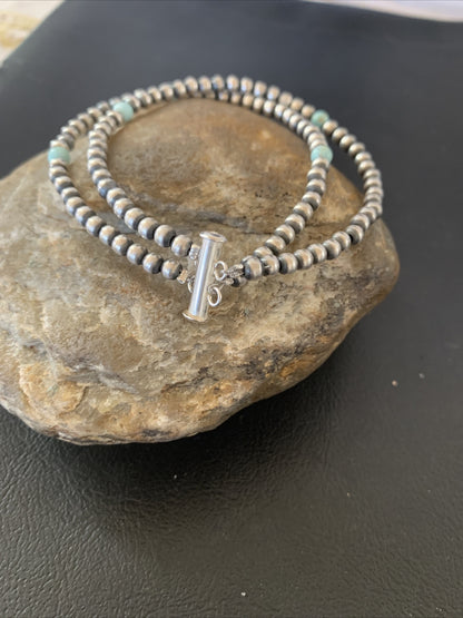 Navajo Sterling Silver Beads Blue Turquoise Bracelet 2 Strand 10083
