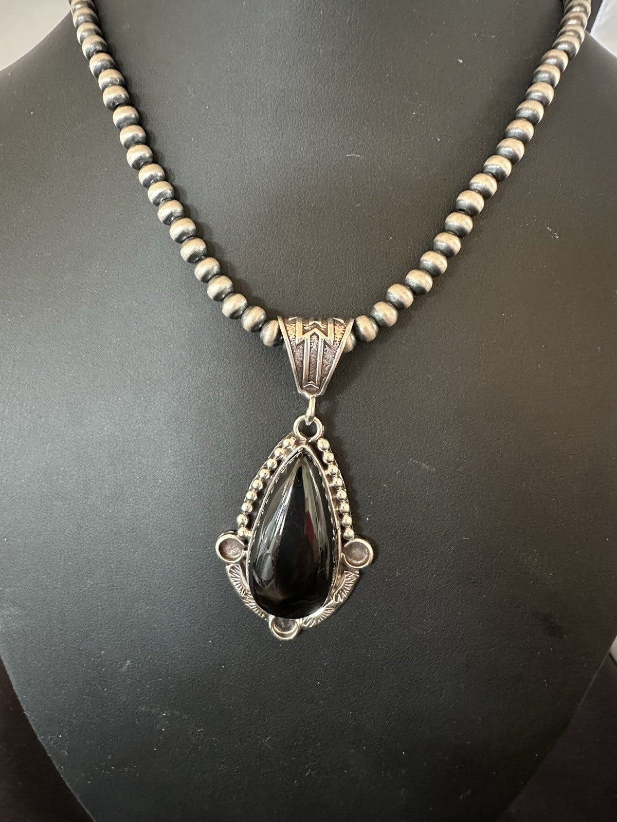 Black Onyx Pendant Navajo Pearls Sterling Silver Necklace 19385