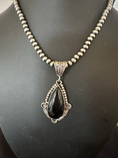 Black Onyx Pendant Navajo Pearls Sterling Silver Necklace 19385