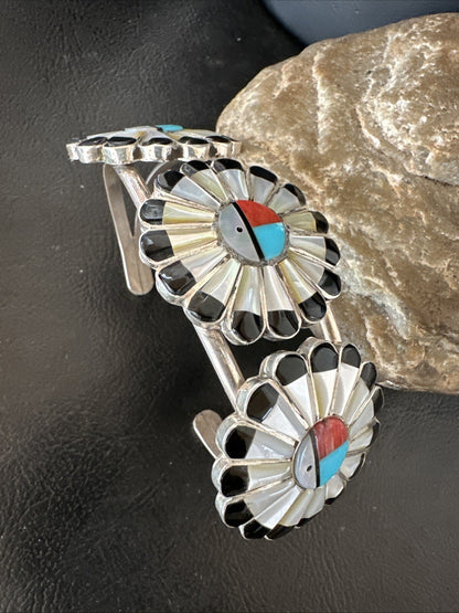 Blue Turquoise Coral MOP Zuni Sterling Silver Inlay Sunface Cuff Bracelet 18872