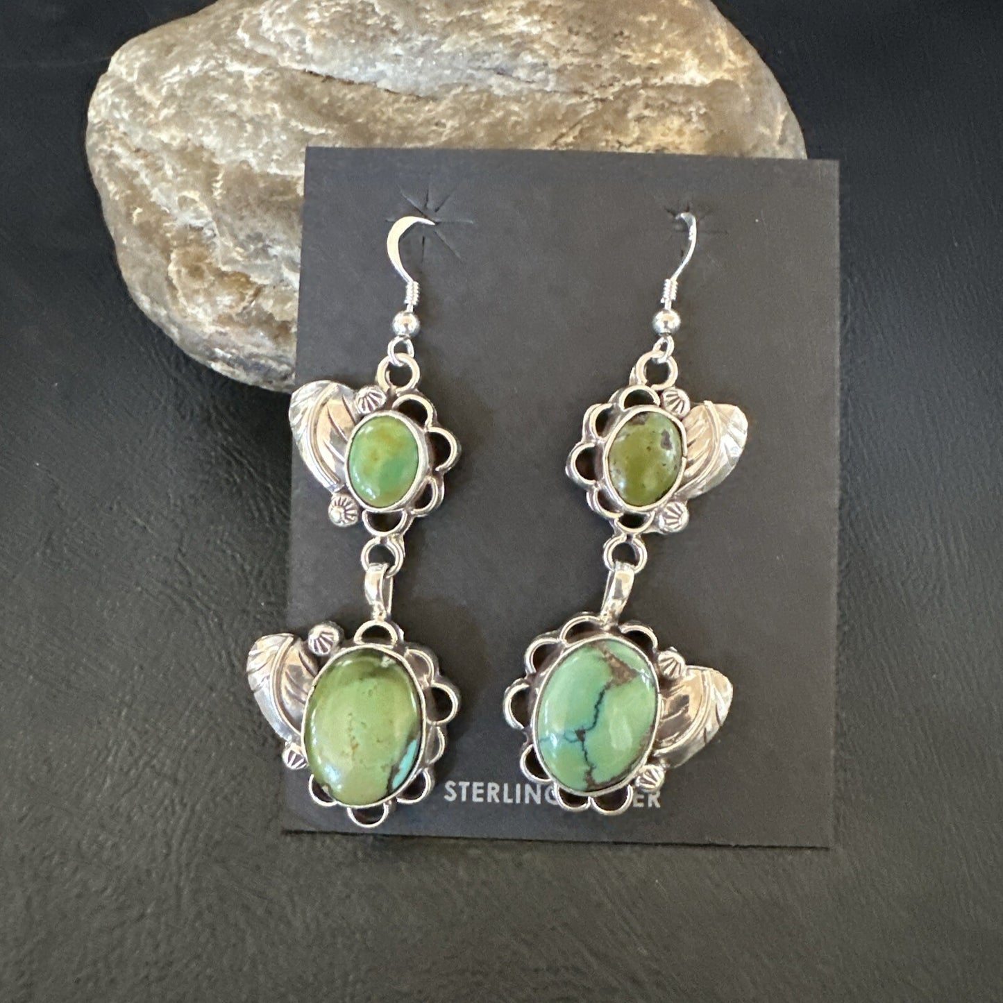 Native Navajo Green Turquoise Sterling Silver Dangle Earrings 2” 17693