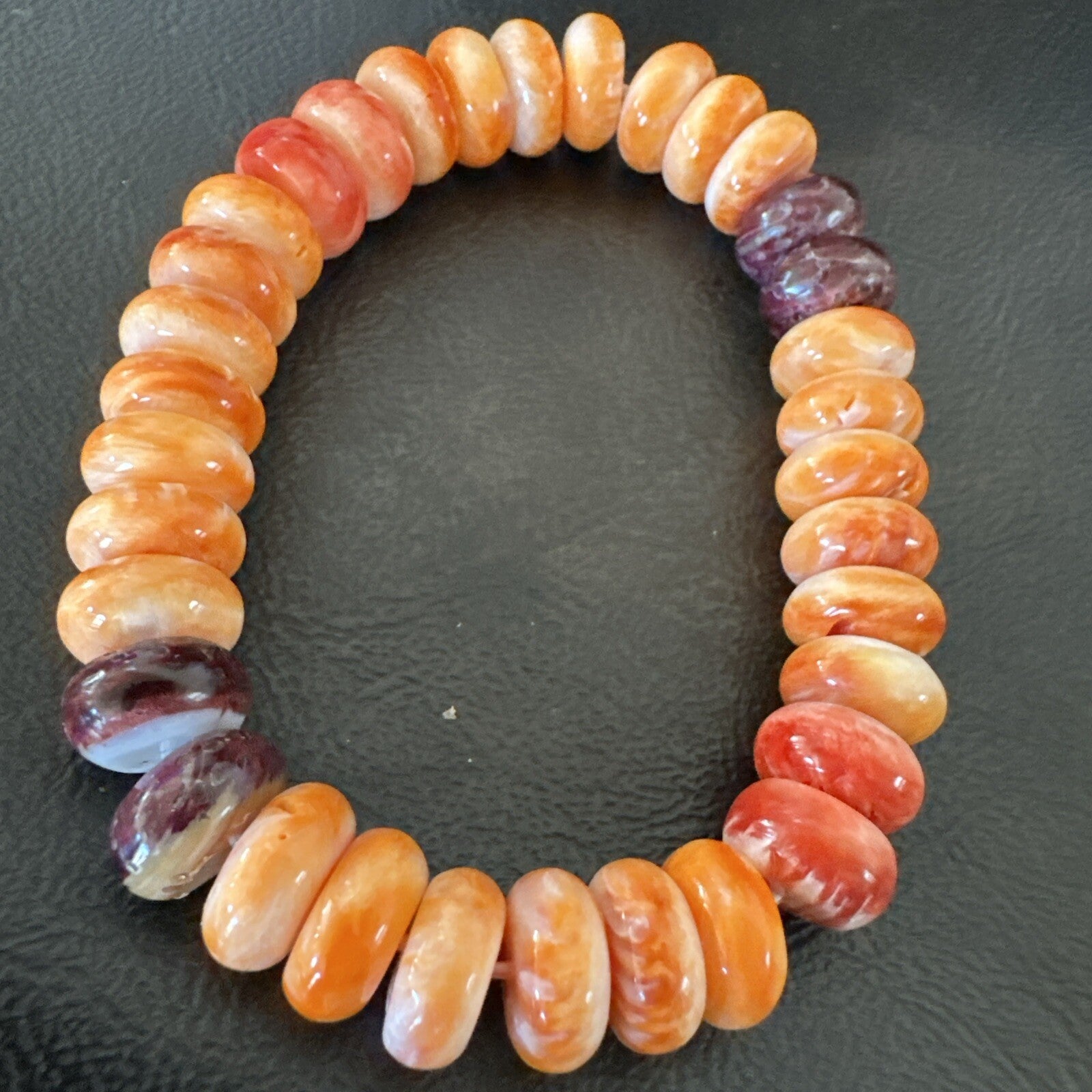 Mens Womens Orange Purple Spiny Oyster Sterling Silver Stretch Bracelet 9" 18859