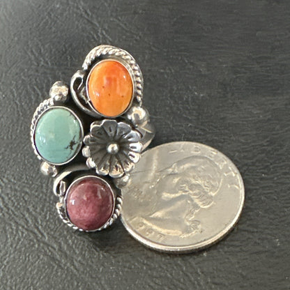 Multicolor Ring Turquoise Spiny Navajo Sterling Silver Cluster Size 8.5 19167