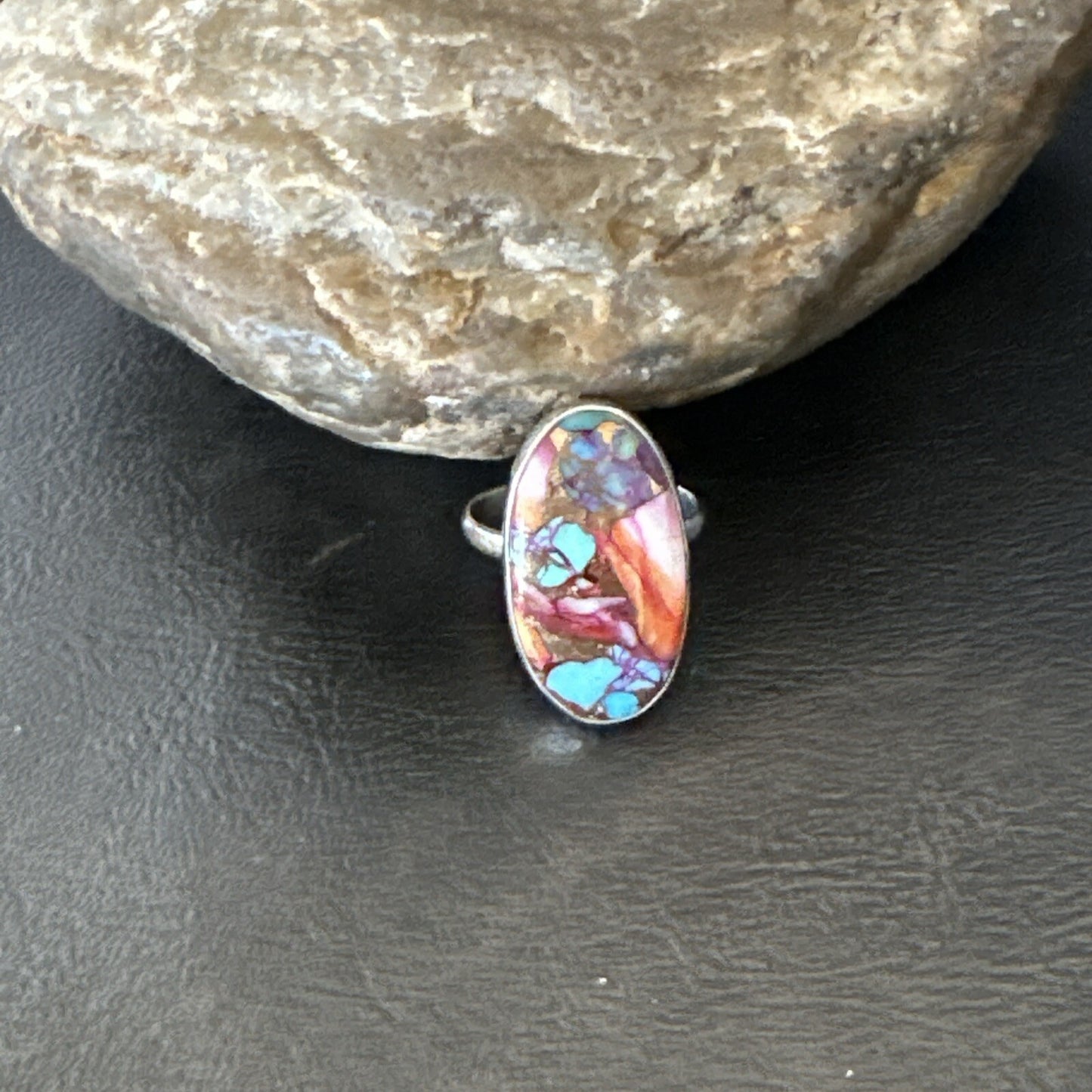 Blue Turquoise Spiny Oyster Southwestern Sterling Silver Ring Size 8 18428