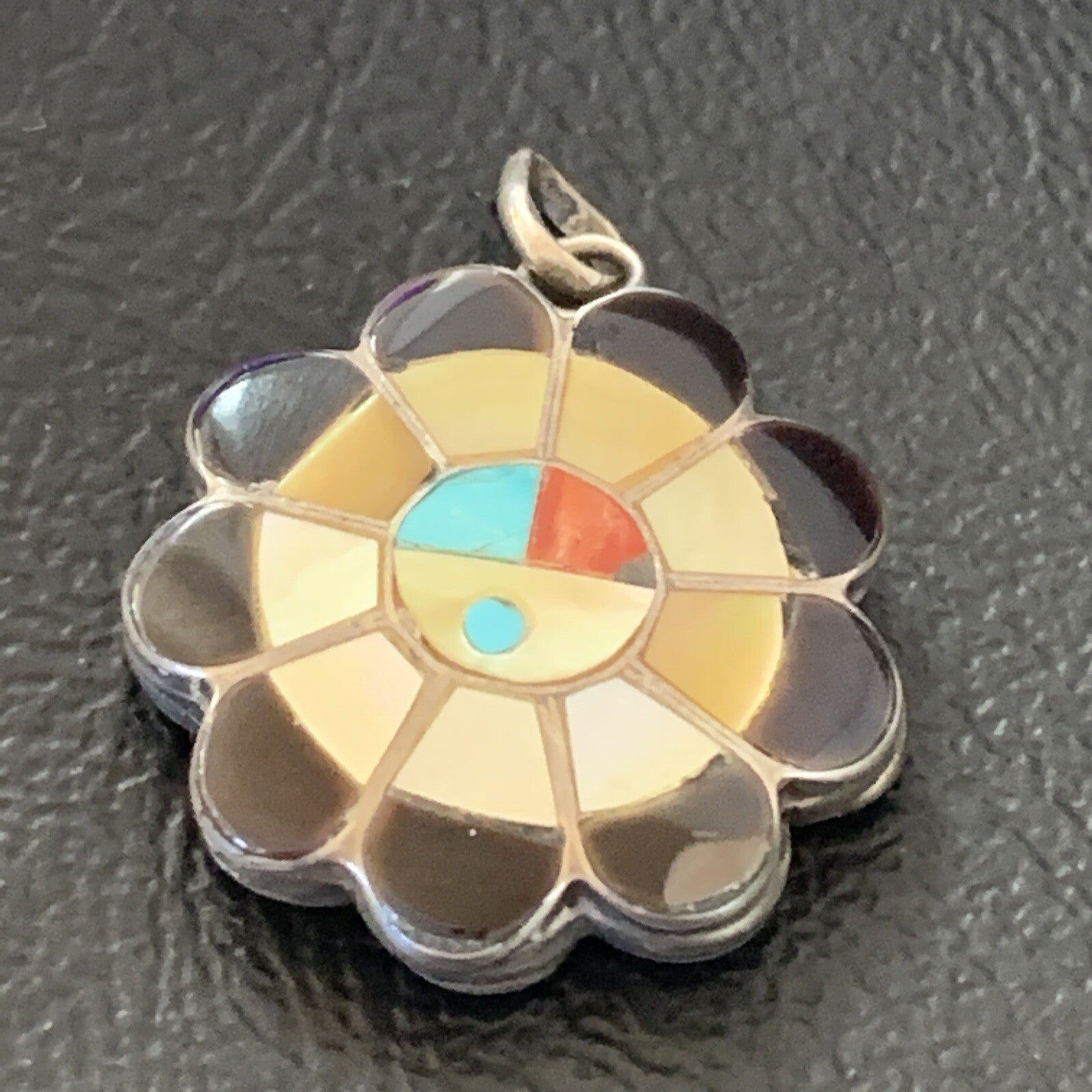 Mother Of Pearl Turquoise Spiny Inlay Zuni Sterling Silver 2 Sided Pendant 1682