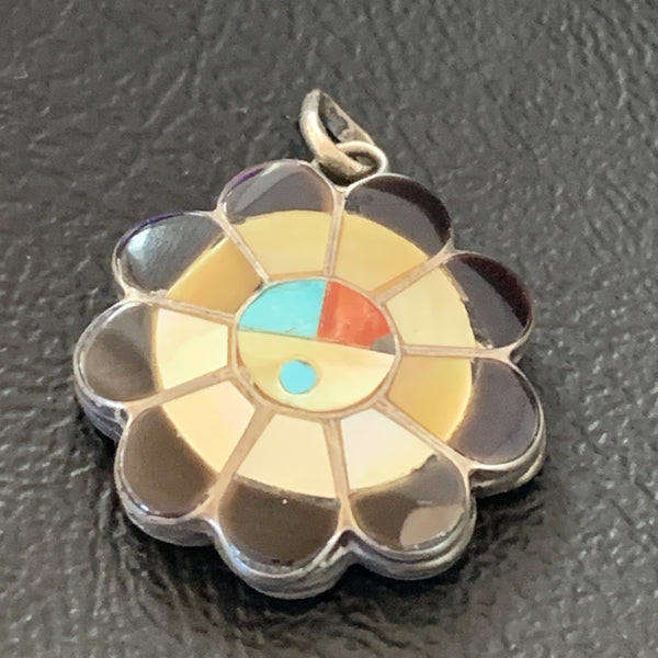 Mother Of Pearl Turquoise Spiny Inlay Zuni 2 Sided Pendant | Sterling Silver | Authentic Native American Handmade | 1682