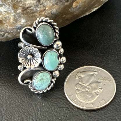 Yazzie Ring Green Turquoise Navajo Sterling Silver Cluster Size 8.5 19233