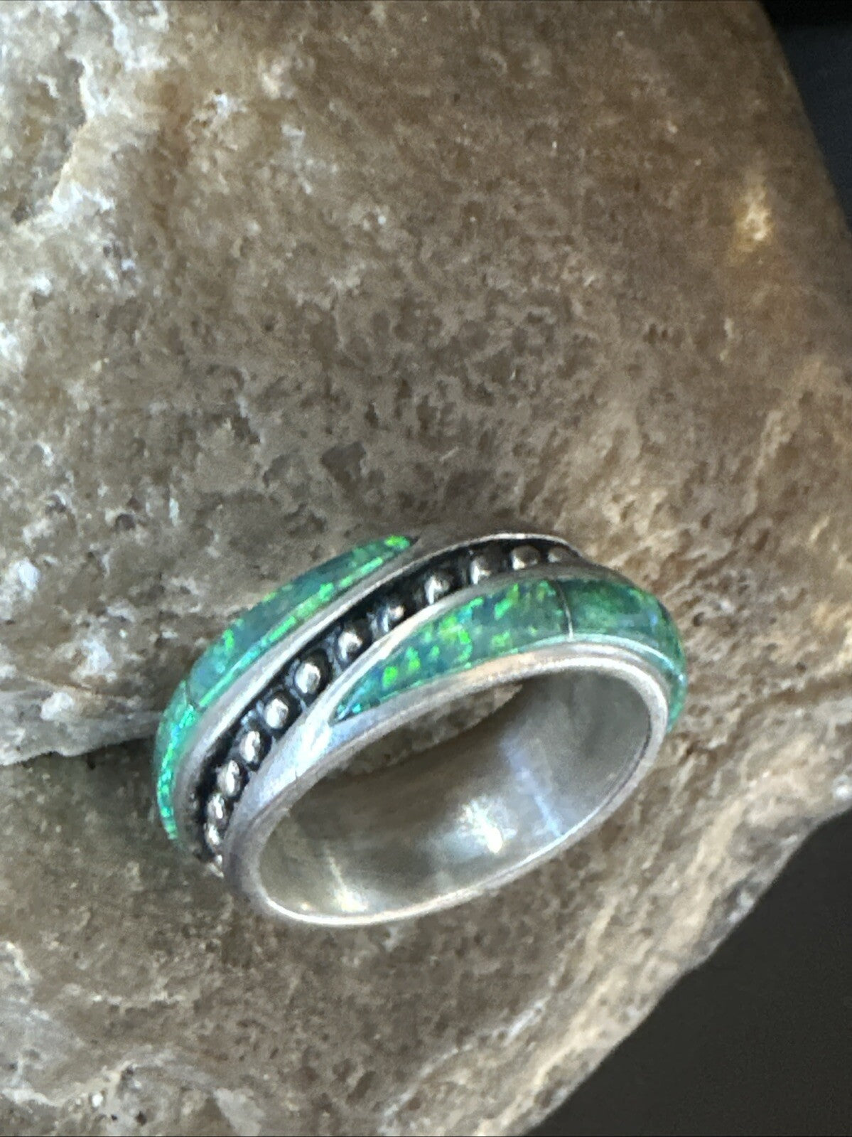 Green Opal Navajo Sterling Silver Band Inlay Ring Size 7 18809