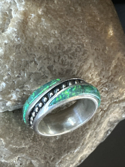 Green Opal Navajo Sterling Silver Band Inlay Ring Size 7 18809