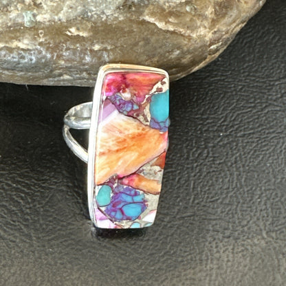 Blue Turquoise Orange Spiny Oyster Navajo Sterling Silver Ring Size 8 18219