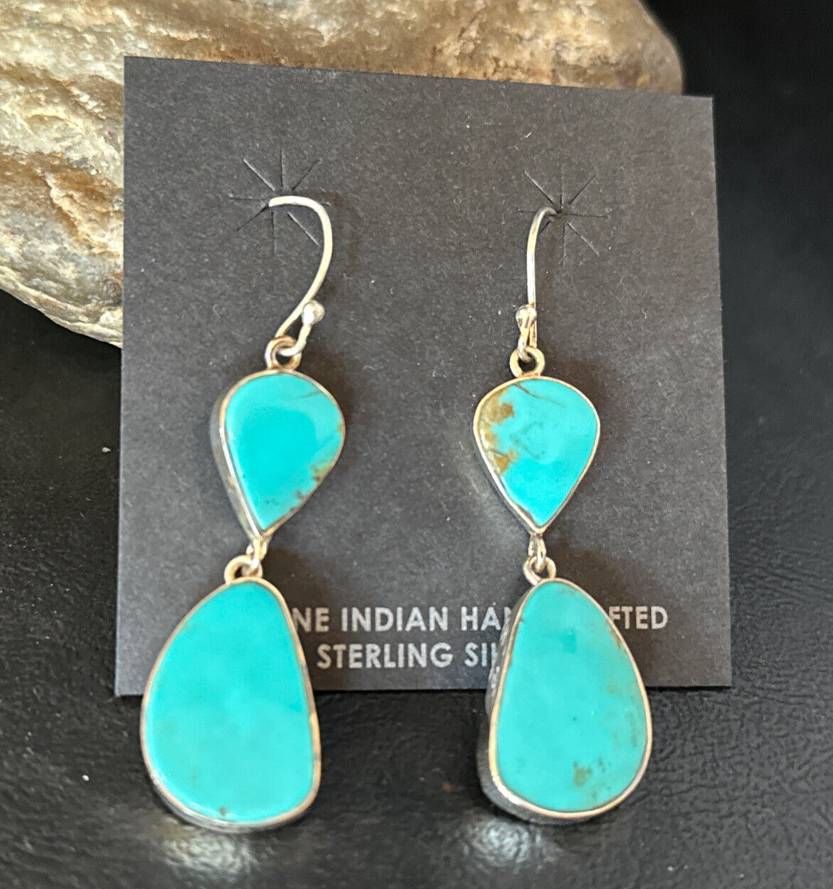 Blue Kingman Turquoise Navajo Sterling Silver Dangle 1.5" Earrings 14576