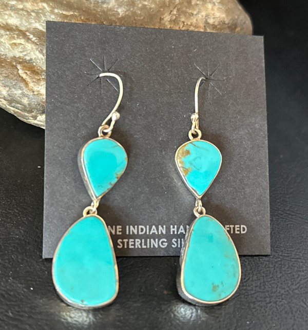 Blue Kingman Turquoise Navajo Dangle 1.5"Earrings | Sterling Silver | Authentic Native American Handmade | 14576