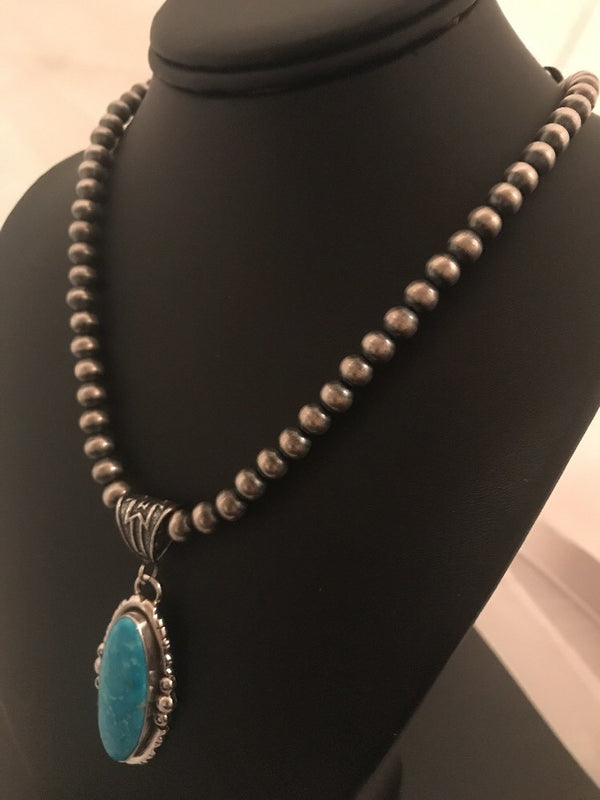 Yazzie Blue Turquoise 2.5"Pendant Navajo Pearls Necklace | Sterling Silver | Authentic Native American Handmade | 3232