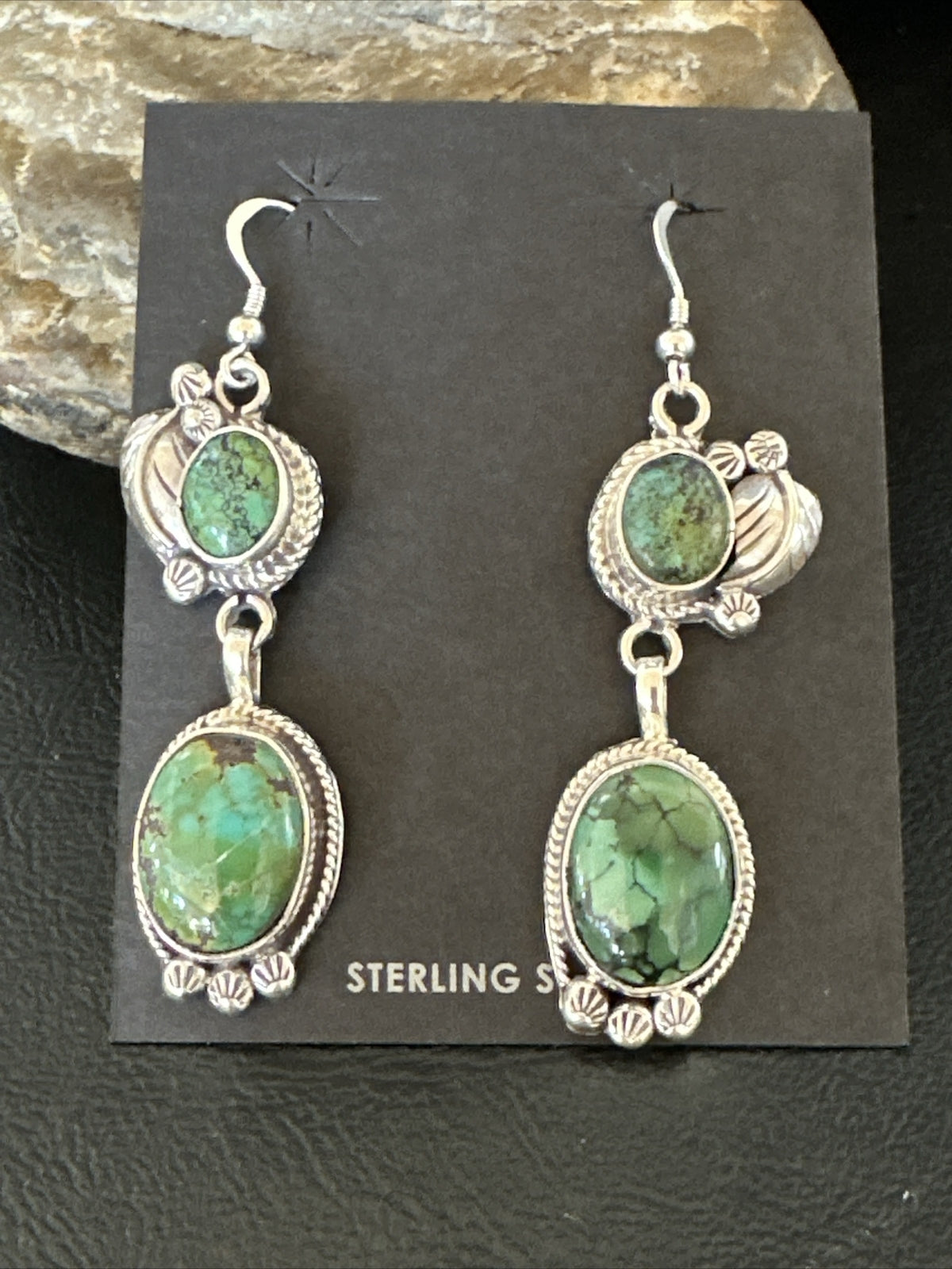 Native Navajo Green Turquoise Sterling Silver Dangle Earrings 2” 17696