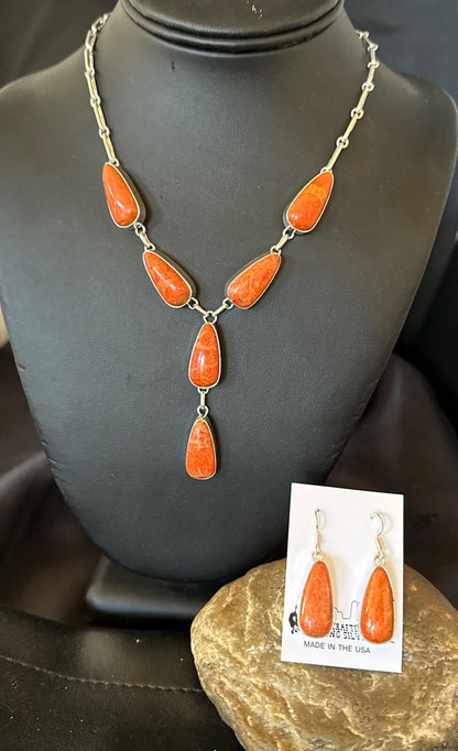 Apple Sponge Coral Lariat Necklace Pendant Earrings Sterling Silver 16” 18973