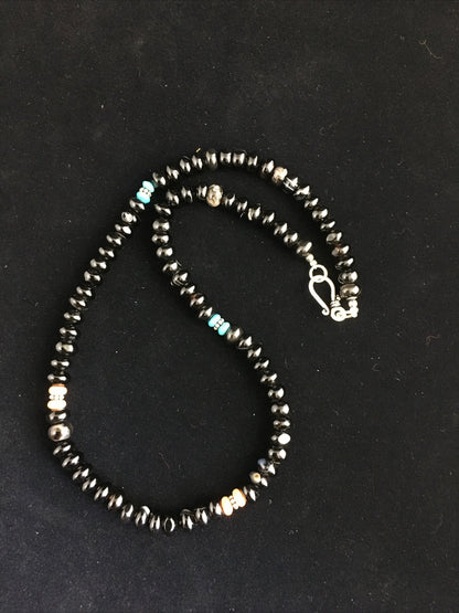 Black Onyx & Turquoise Navajo Sterling Silver Necklace 18” 10020