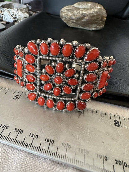 Mens Womens Red Coral Navajo Sterling Silver Cluster Cuff Bracelet 7.25" 19426