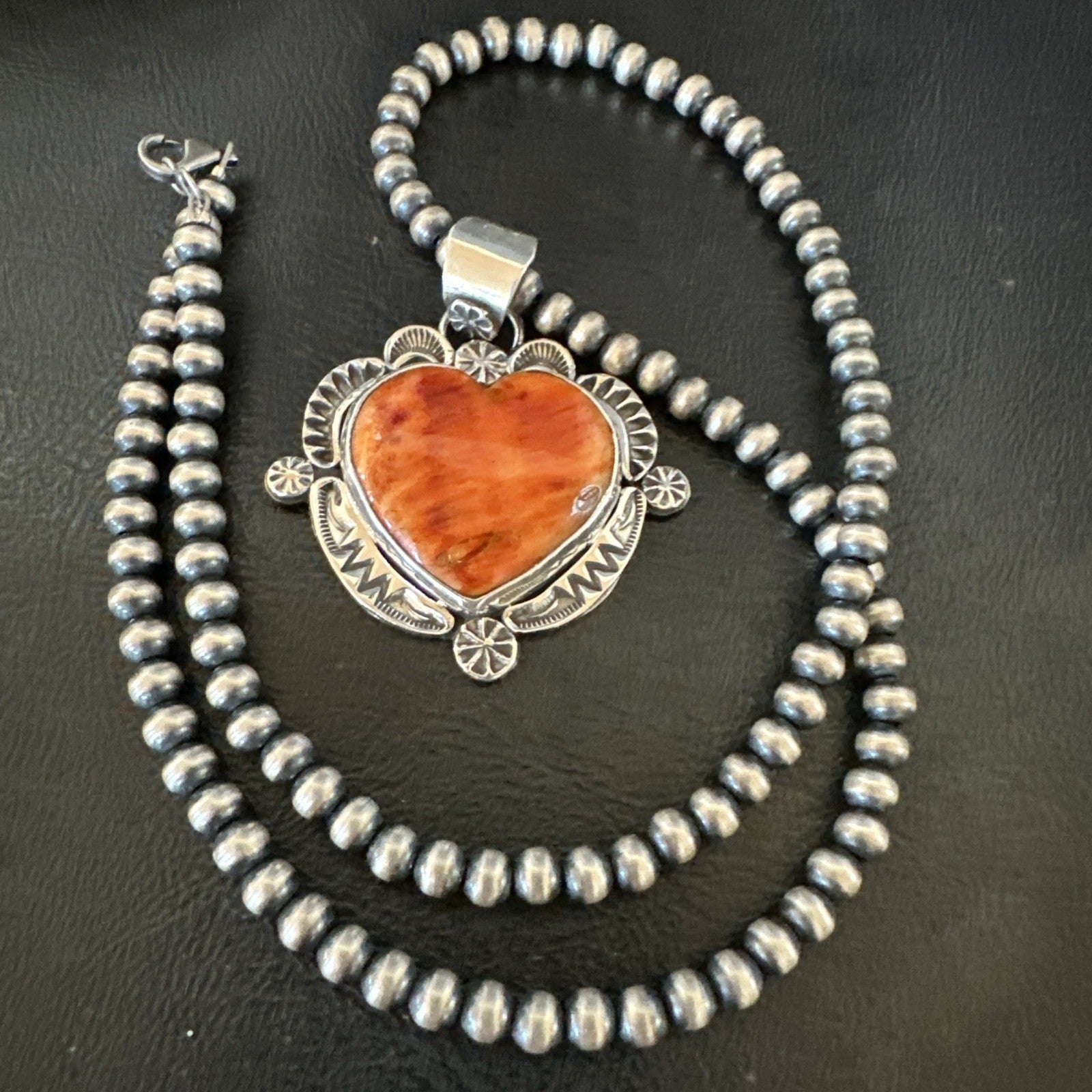 H Joe Orange Spiny Oyster Heart Pendant Navajo Sterling Silver Necklace 19482