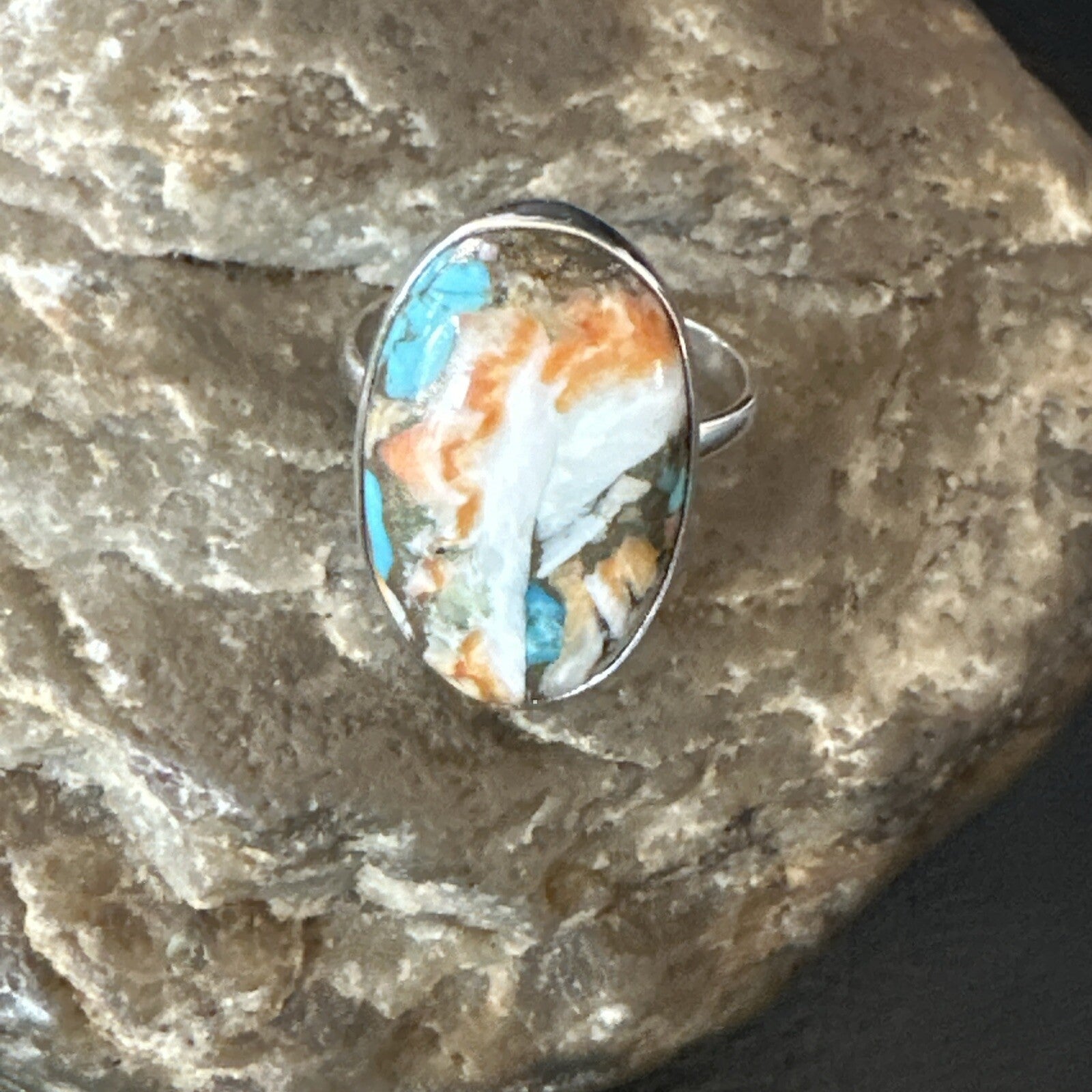 Blue Turquoise Spiny Oyster Southwestern Sterling Silver Ring Size 8 18439