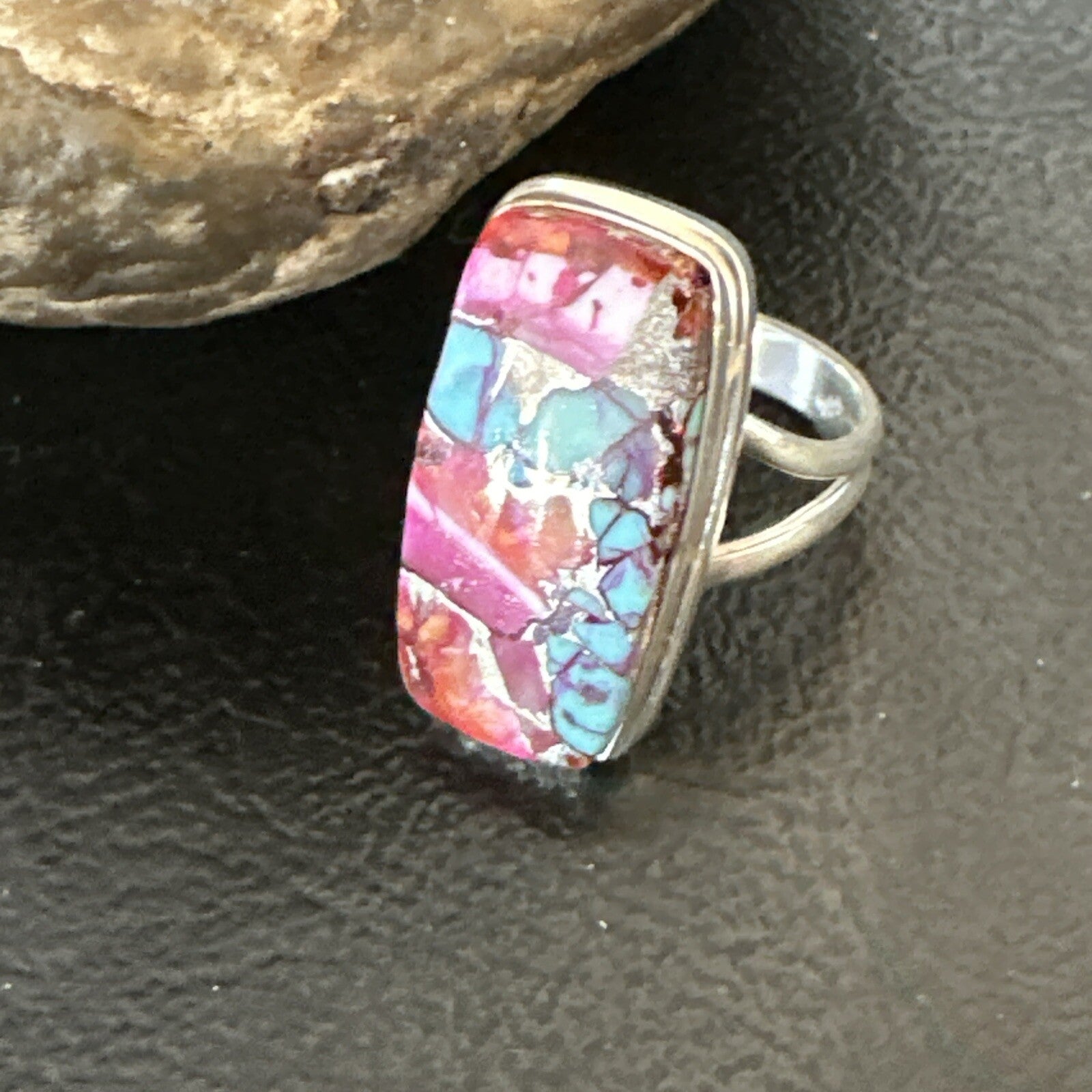 Blue Turquoise Spiny Oyster Southwestern Sterling Silver Ring Size 7 18492