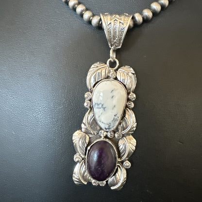Navajo Sterling Silver White Buffalo Turquoise  Purple Stone Pendant 18035