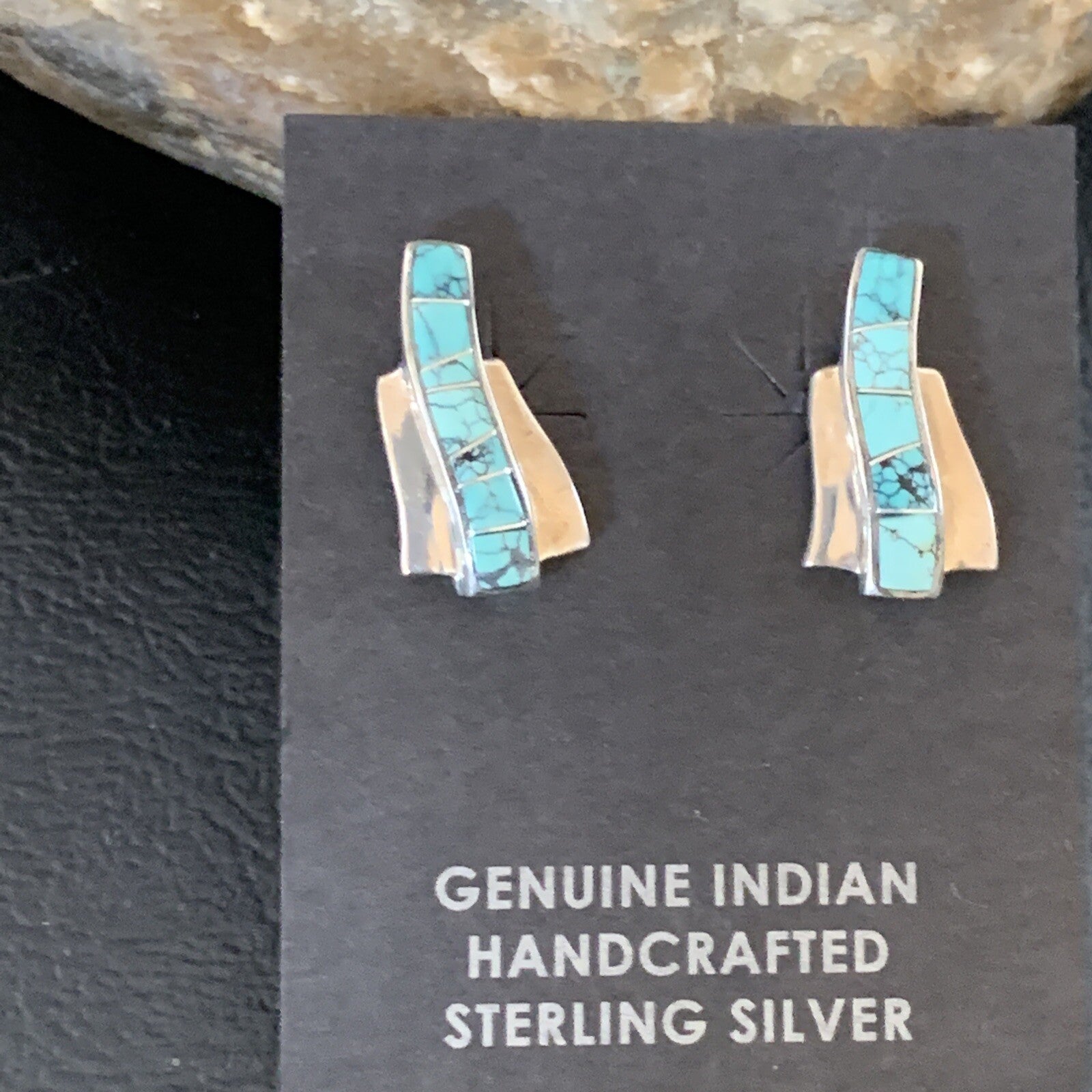 Womens Blue Spider Web Turquoise Navajo Sterling Silver Inlay Earrings 12901