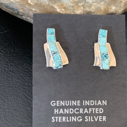 Womens Blue Spider Web Turquoise Navajo Sterling Silver Inlay Earrings 12901