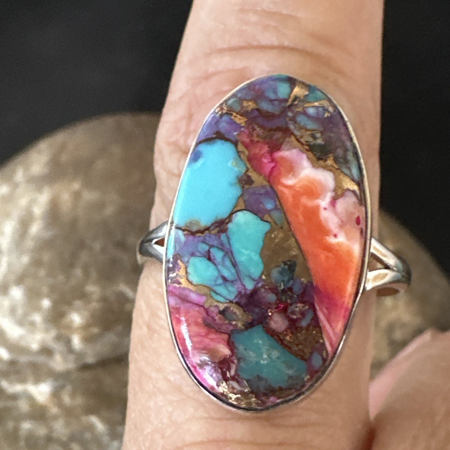 Blue Turquoise Spiny Oyster Southwestern Sterling Silver Ring Size 11 18455