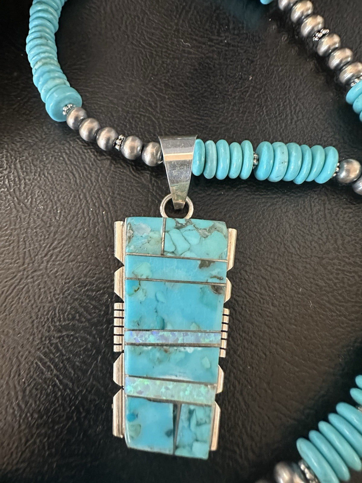 Blue Turquoise Opal Inlay Pendant Navajo Sterling Silver Necklace 19512
