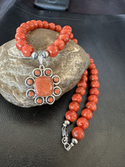 Navajo Apple Sponge Coral Necklace Pendant | Sterling Silver | Authentic Native American Handmade | 18327