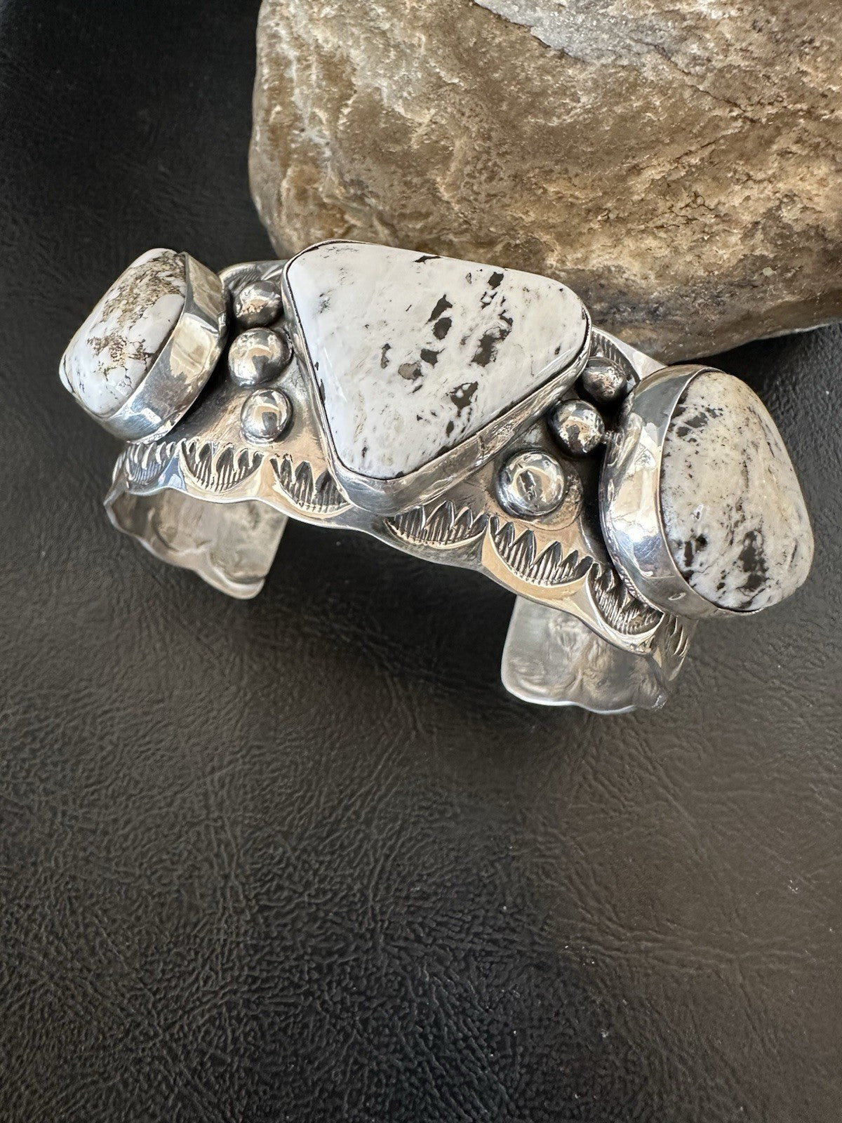 Mens White Buffalo Turquoise Navajo Sterling Silver Cuff Bracelet 7.75" 19427