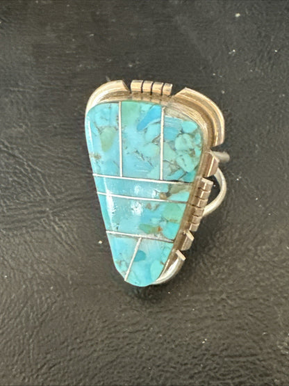 Blue Turquoise Navajo Inlay Sterling Silver Ring Size 11 19782